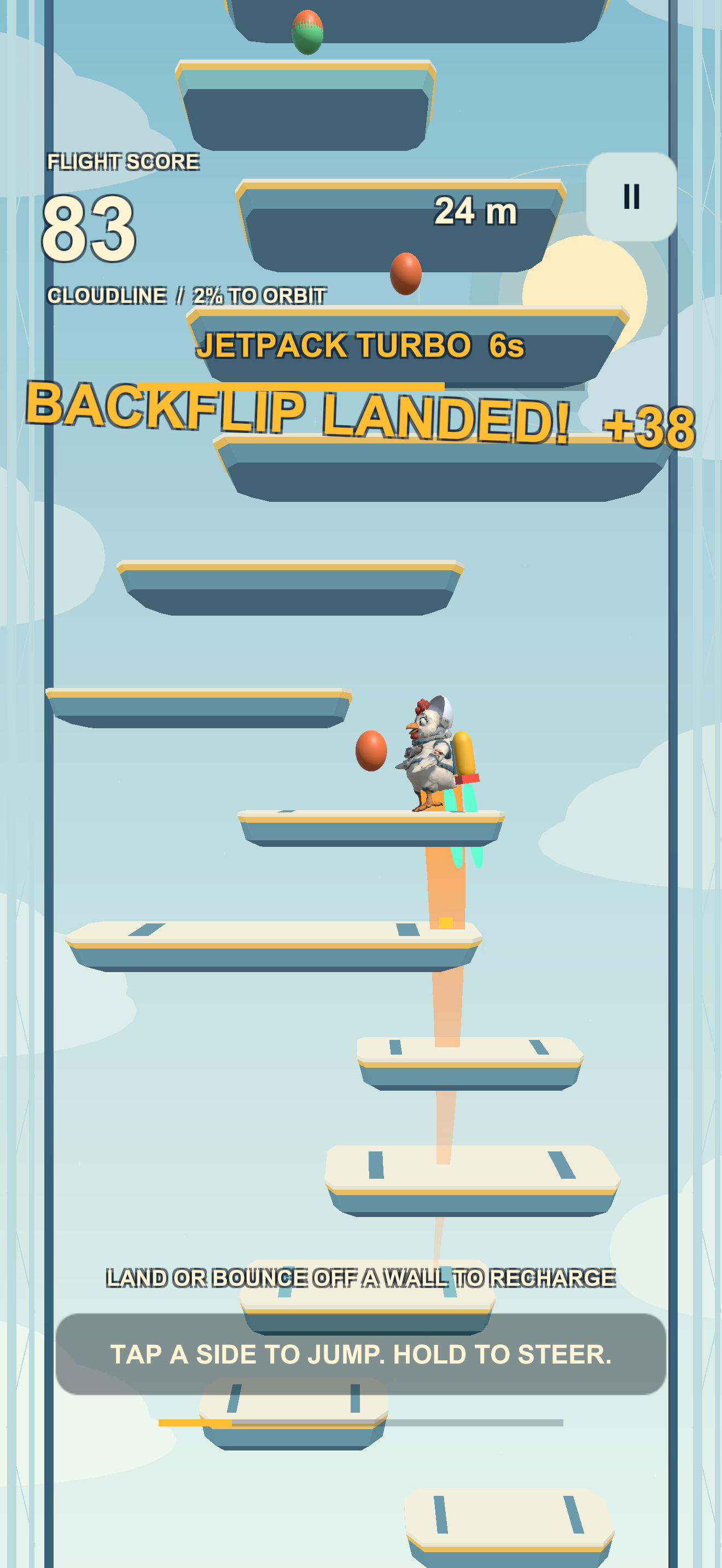 Bok Rocket gameplay: a chicken astronaut lands a backflip with a jetpack